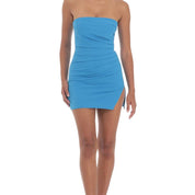 Strapless Side Ruched Dress in Aqua Blue