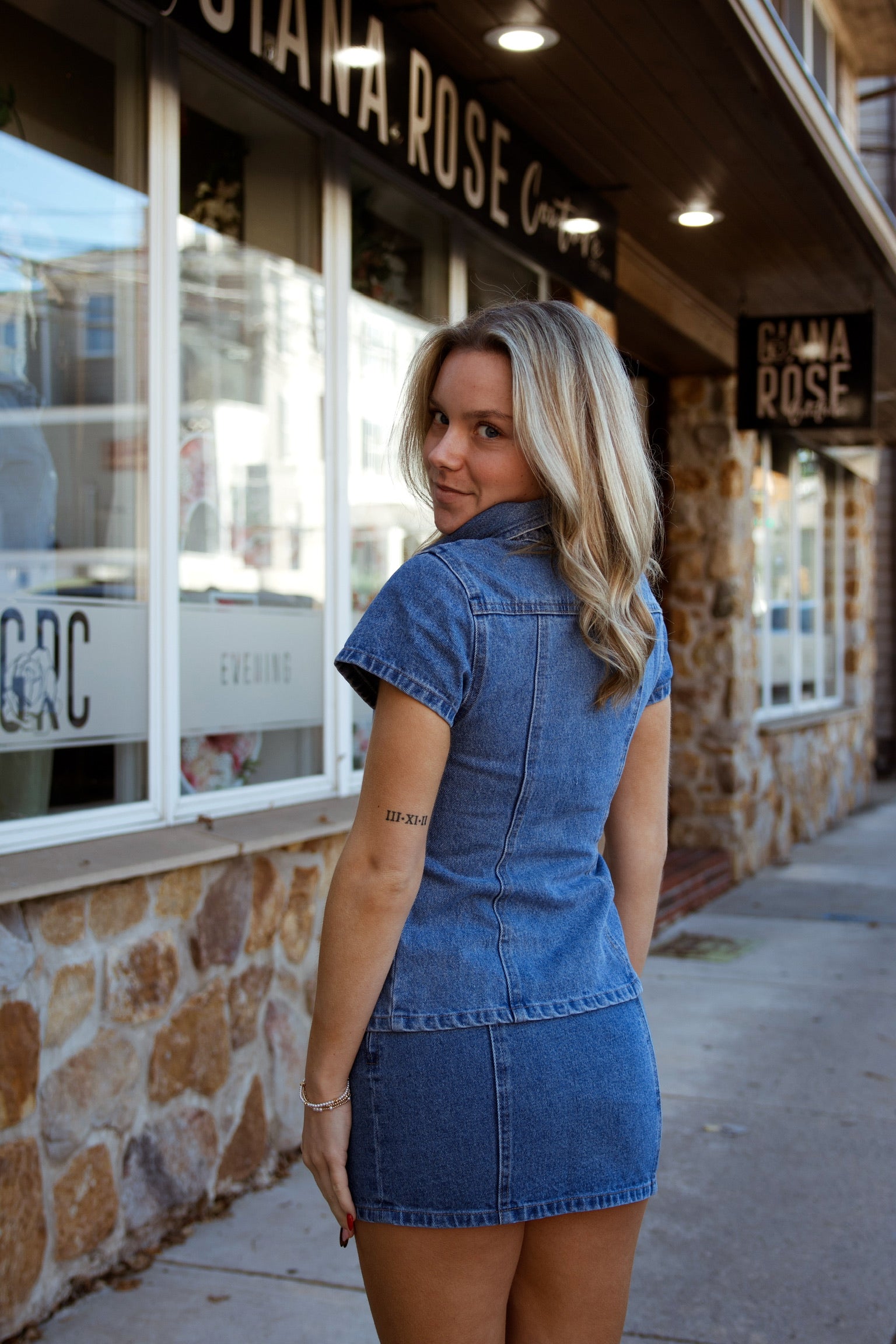Tate Denim Mini Skirt And Shirt Set
