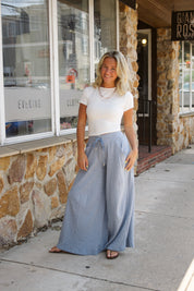 Wait A Minute Wide-Leg Lounge Pants in Soft Chambray