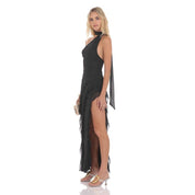 Mesh Halter Scarf Maxi Dress in Black