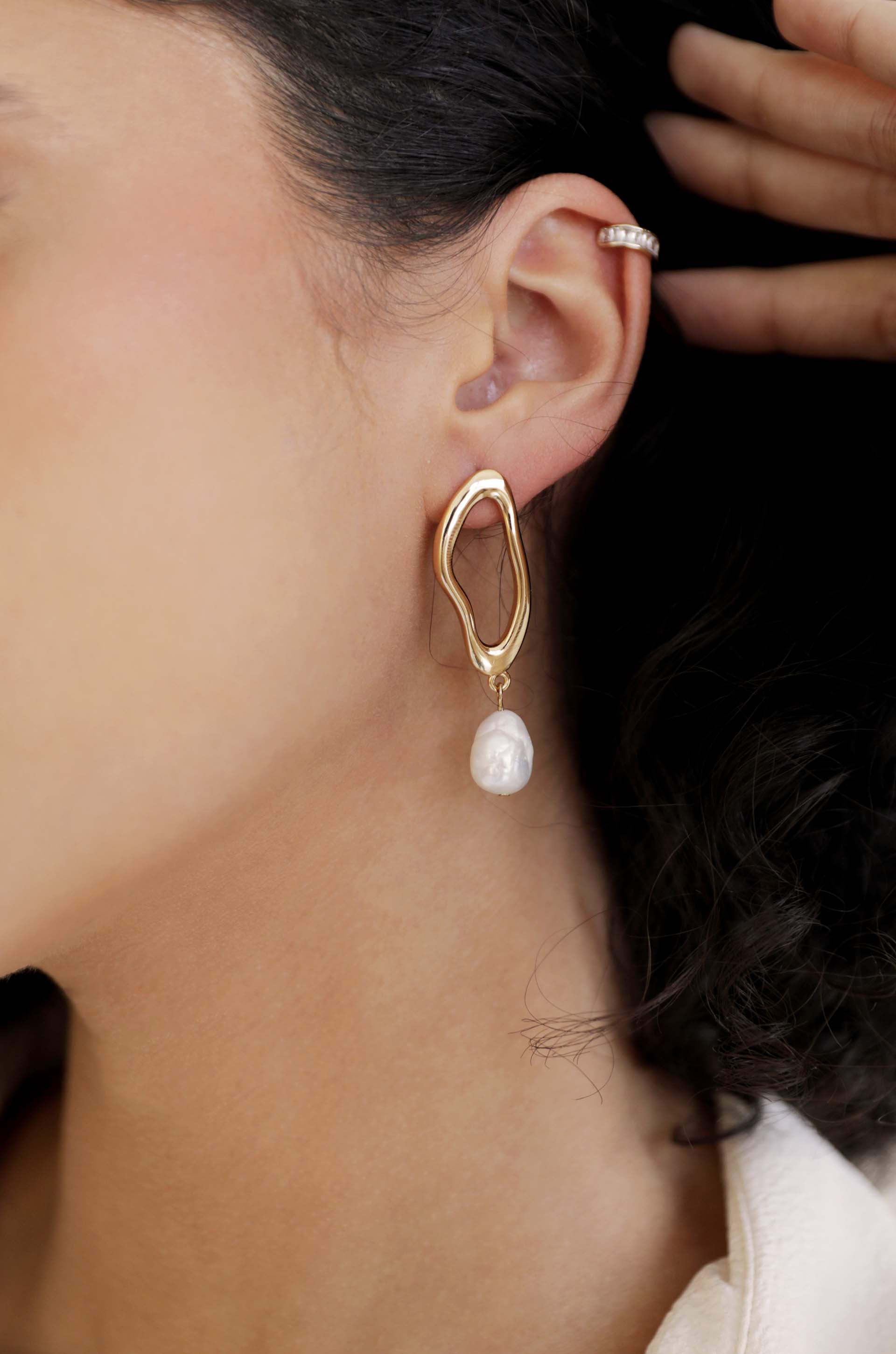 Open Circle Freshwater Pearl Earrings: White Pearl with 18k Gold Plating