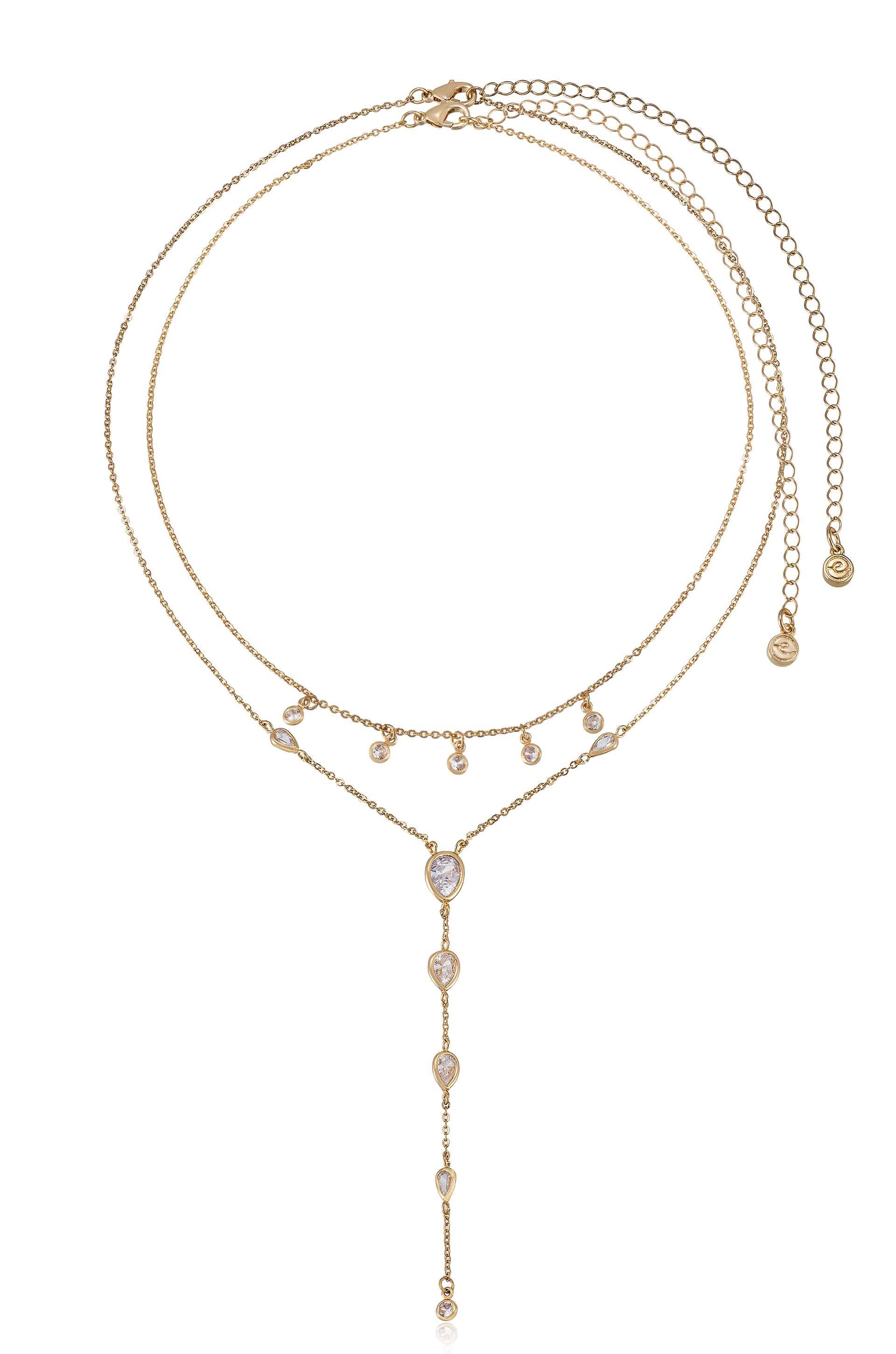 Draped in Bezel Crystal Lariat Necklace Set: Clear Crystals / One Size