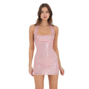 Sequin Halter Dress in Pink