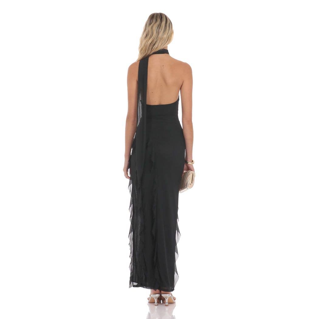 Mesh Halter Scarf Maxi Dress in Black