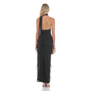 Mesh Halter Scarf Maxi Dress in Black