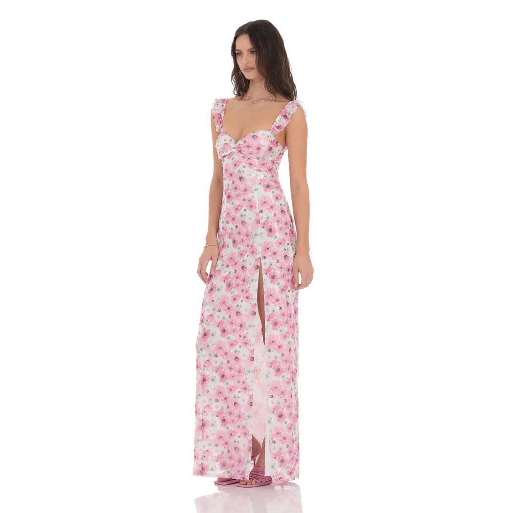 Lace Floral Ruffle Sleeve Maxi Dress in White/Pink