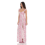 Lace Floral Ruffle Sleeve Maxi Dress in White/Pink