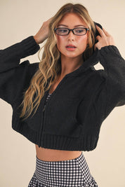 Knit Zip Up Hoodie Sweater: Brown