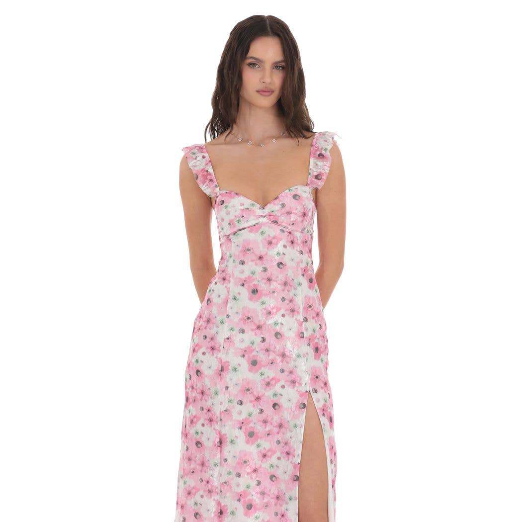 Lace Floral Ruffle Sleeve Maxi Dress in White/Pink