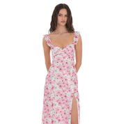 Lace Floral Ruffle Sleeve Maxi Dress in White/Pink