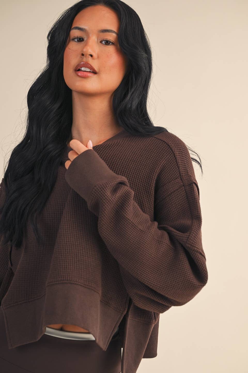 Waffle Knit Oversized Long Sleeve Top: Dark Chocolate