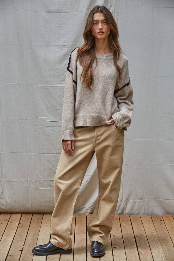 Knit Sweater Stitch Detailed Crew Neck Pullover : Mocha