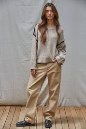 Knit Sweater Stitch Detailed Crew Neck Pullover : Mocha