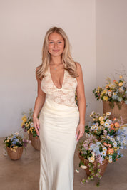 LINA HALTER DRAPED MAXI DRESS - LEMON