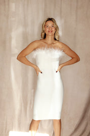 Strapless Feather Midi Dress White