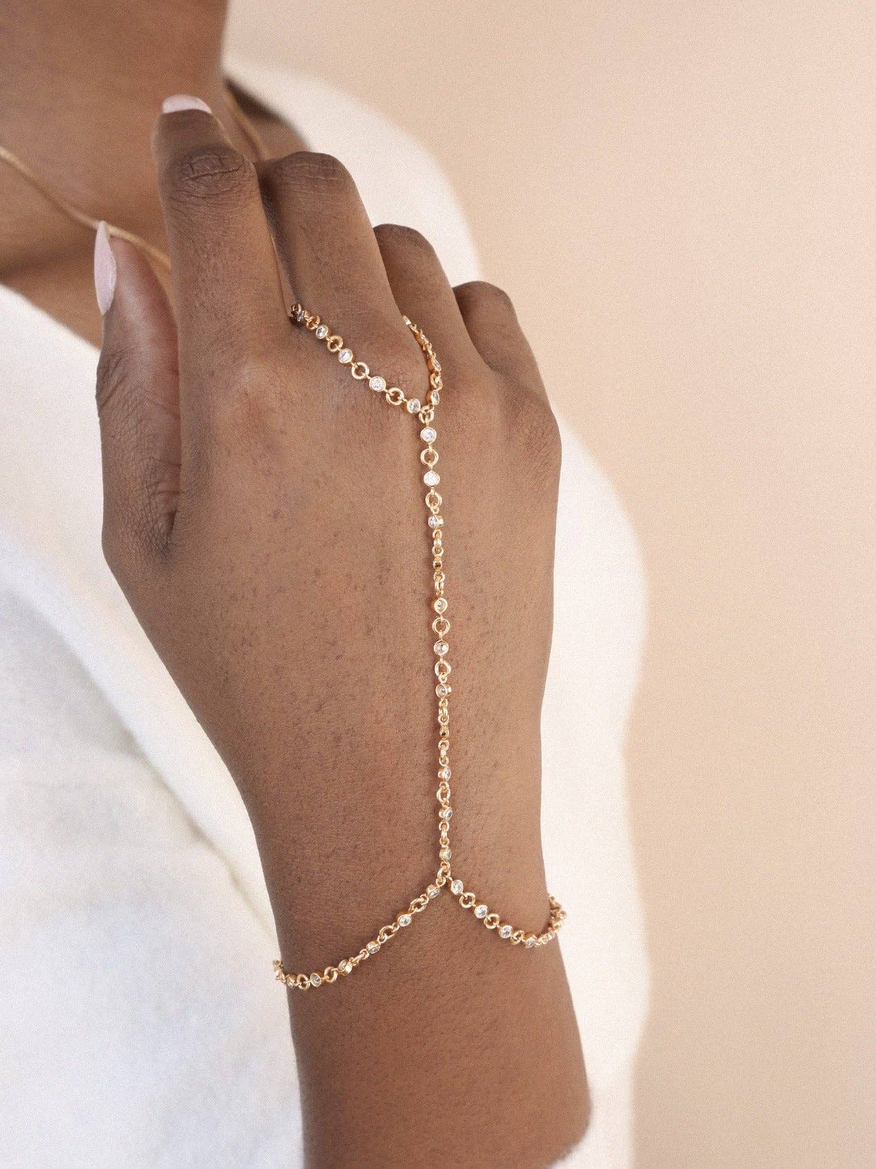 Crystal Dotted Hand Chain: Clear Crystal with 18k Gold Plating
