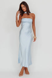SCARF NECK SATIN MAXI DRESS in Baby Blue