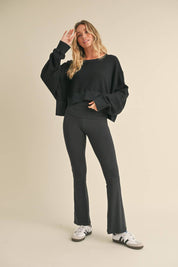 Waffle Knit Oversized Long Sleeve Top: Dark Chocolate