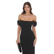 Off Shoulder Bow Sleeve Maxi Dress in Black