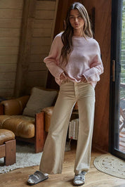 Abbie Knit Sweater Rolled Round Neck Pullover Top: Baby Pink
