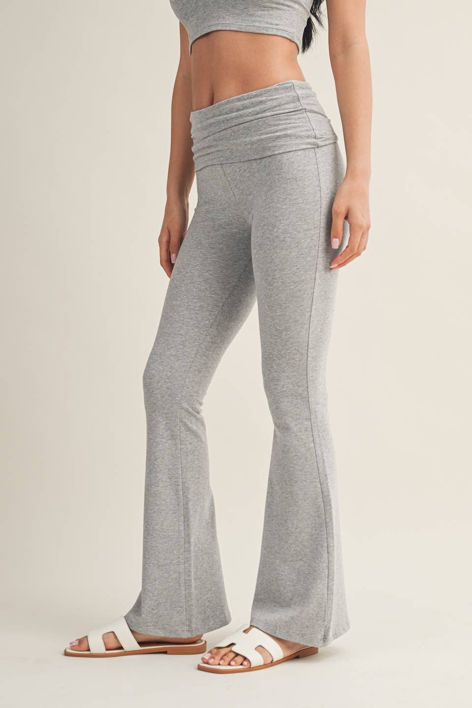 Soft Heathered Knit Foldover Flare Pants: Heather Grey