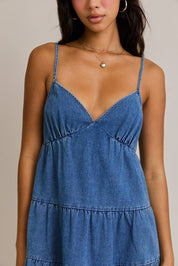SPAGHETTI STRAP TIERED DENIM DRESS: DENIM