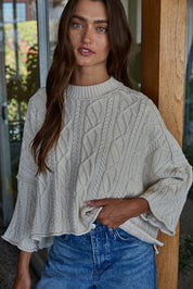 Knit Cable Sweater Cotton 3/4 Sleeve Pullover: Natural