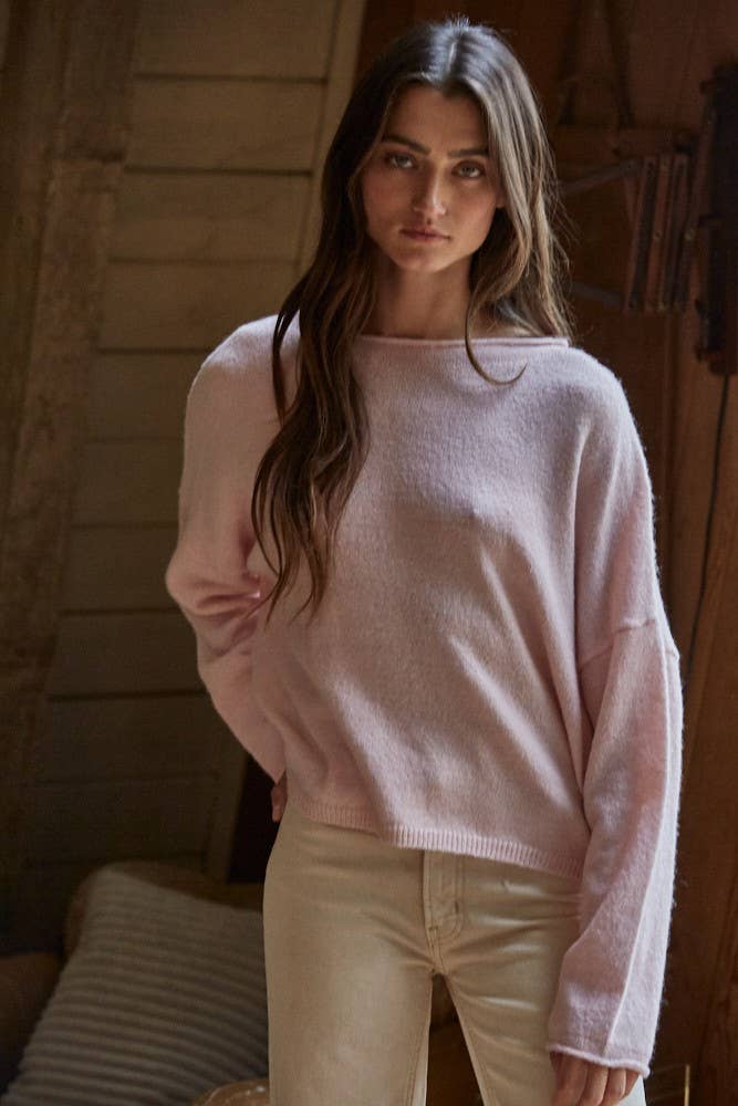 Abbie Knit Sweater Rolled Round Neck Pullover Top: Baby Pink
