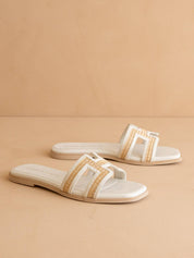 The Ena | White H Cutout Raffia Slide: WHITE
