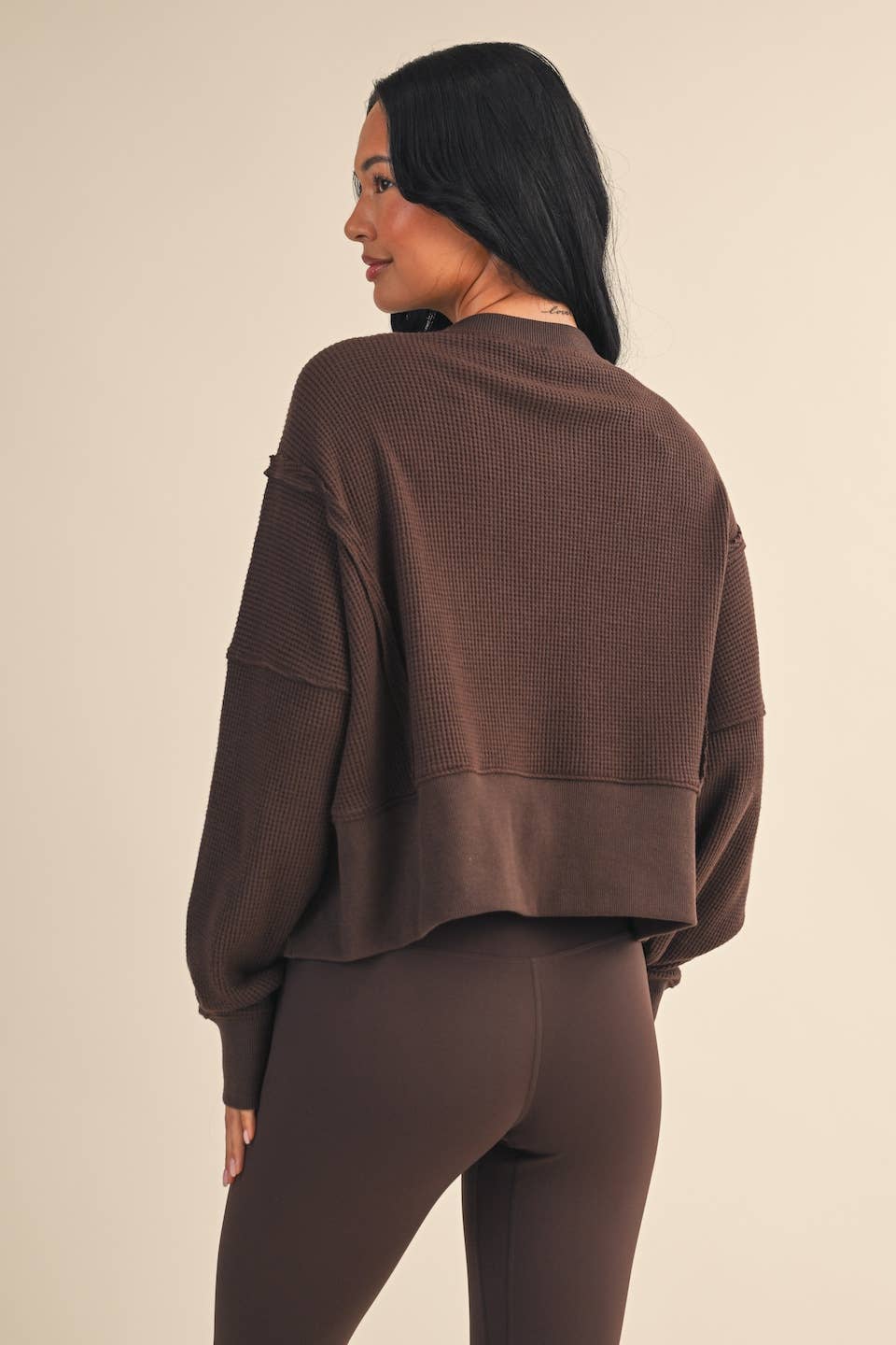 Waffle Knit Oversized Long Sleeve Top: Dark Chocolate