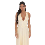 Satin Plunge Neck Corset Maxi Dress in Yellow