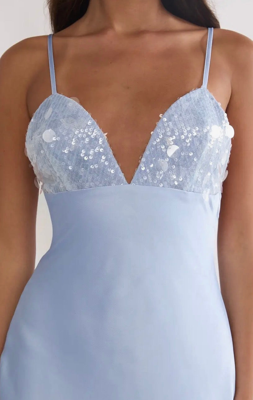 Deep Sequin Maxi Dress in Baby Blue