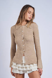 Collared Knit Sweater Cardigan in Sand