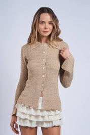 Collared Knit Sweater Cardigan in Sand