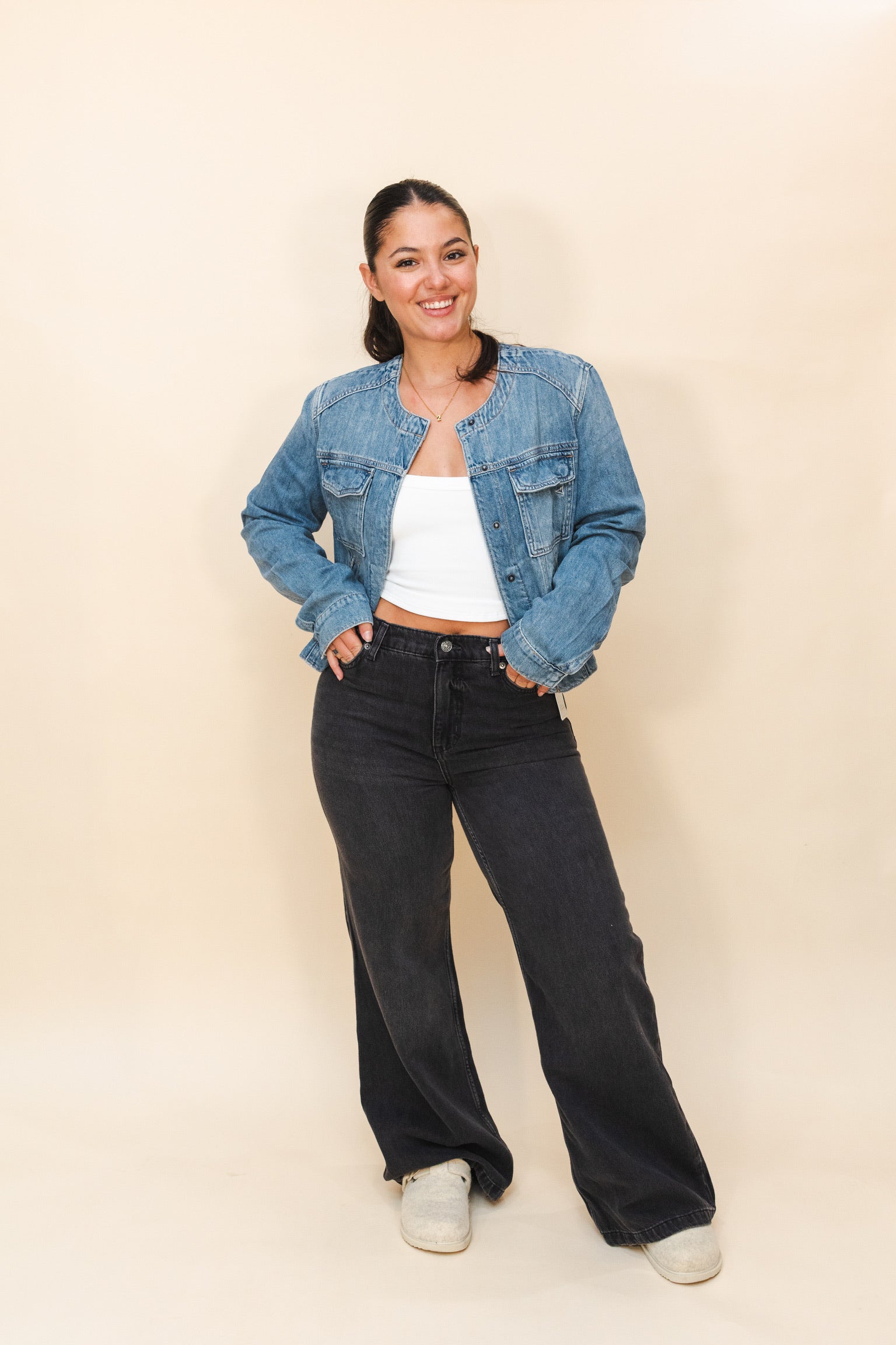 Collarless Denim Jean Jacket | Hidden Jeans