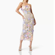 Floral Embroidered Slim Tube Dress in Purple