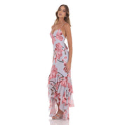 Mesh Floral Ruffle Fishtail Maxi Dress in Blue