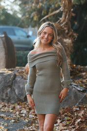 Eliza Off Shoulder Sweater Dress in Olive