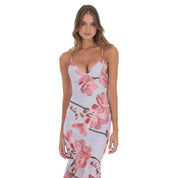 Mesh Floral Ruffle Fishtail Maxi Dress in Blue