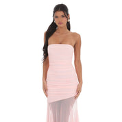 Mesh Fishtail Maxi Dress in Pink