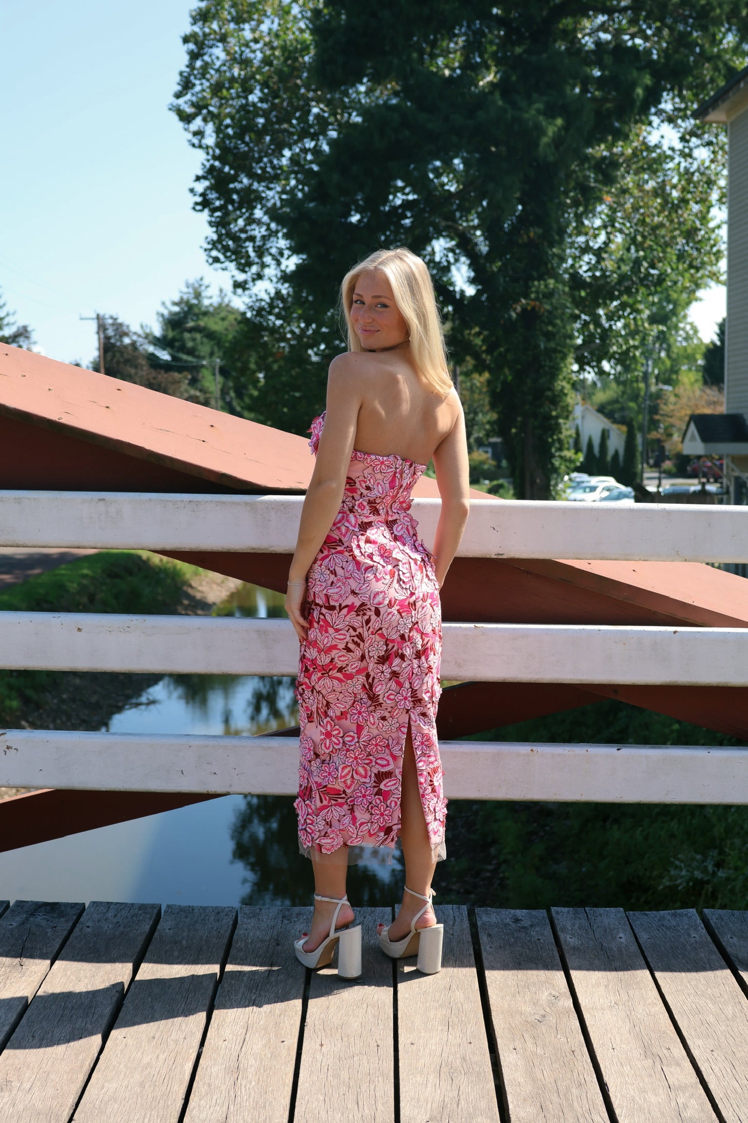 Roseate Strapless Midi Dress in Pink