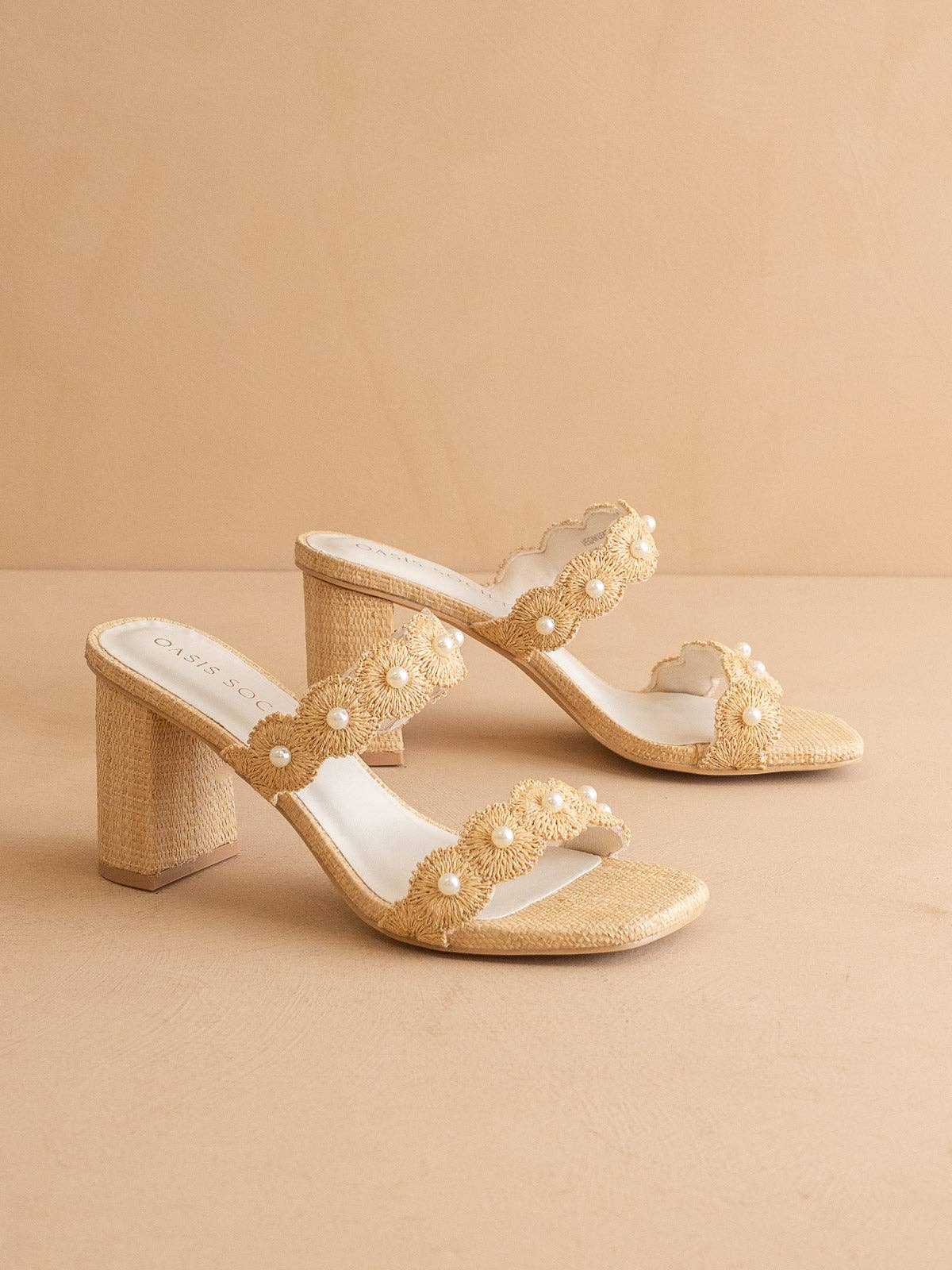 The Helena | Natural Raffia Block Heel Sandal with Pearls: NATURAL