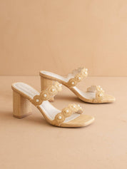 The Helena | Natural Raffia Block Heel Sandal with Pearls: NATURAL