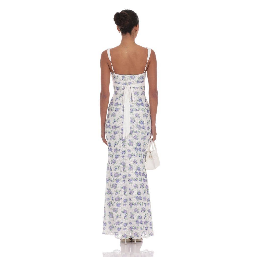Floral Lace Maxi Dress in White/Blue
