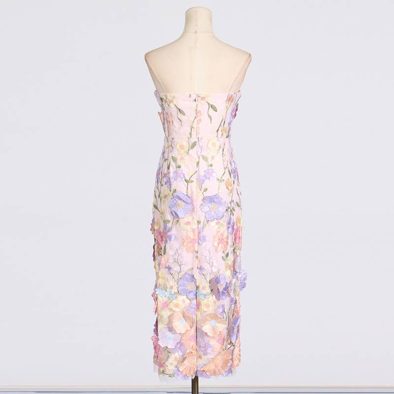 Floral Embroidered Slim Tube Dress in Purple