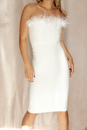 Strapless Feather Midi Dress White