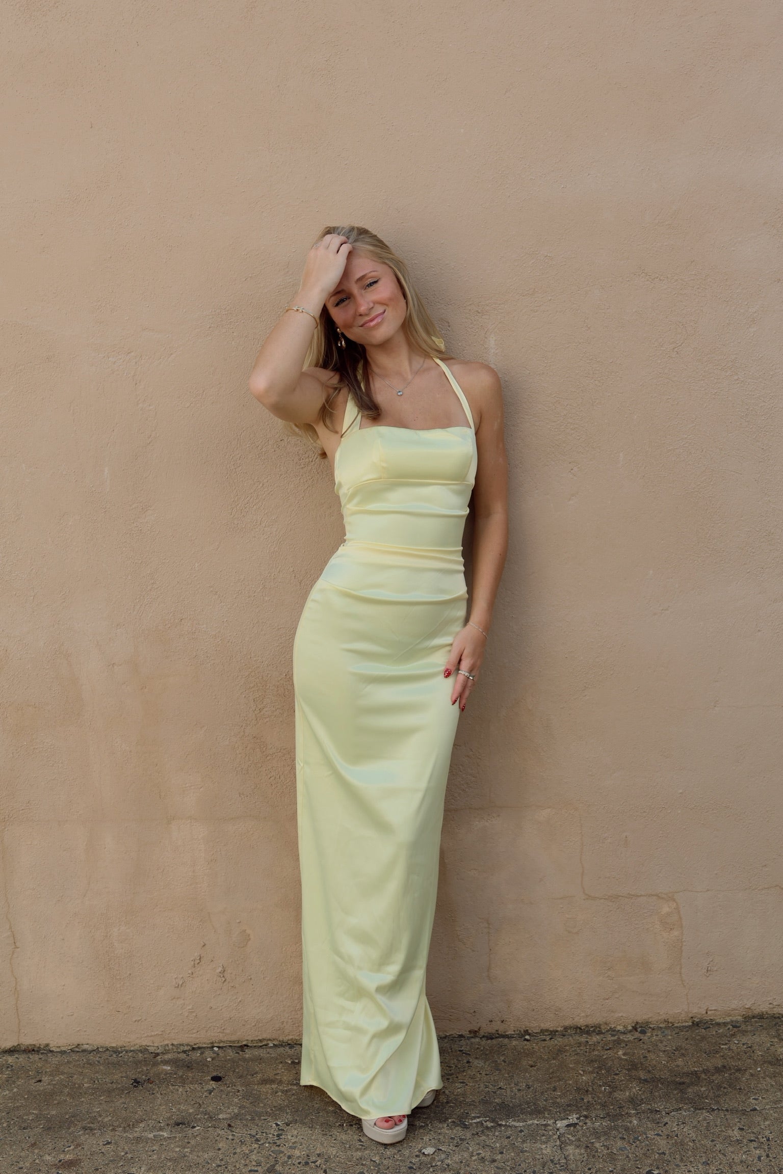 Satin Halter Maxi Dress in Yellow