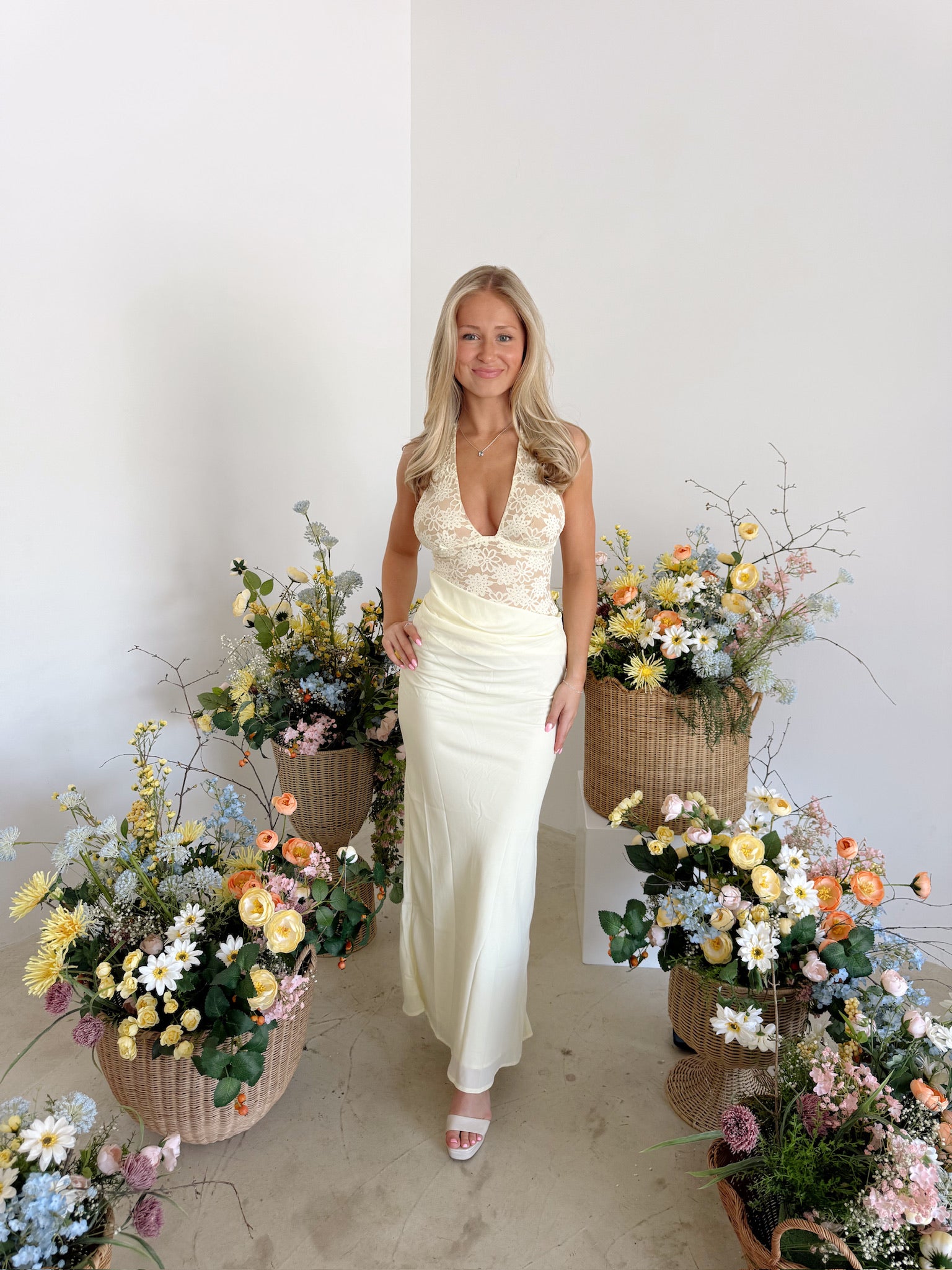 LINA HALTER DRAPED MAXI DRESS - LEMON