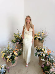 LINA HALTER DRAPED MAXI DRESS - LEMON
