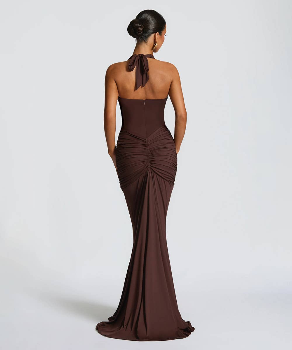 Ruched Plunge Halter Maxi Dress with Side Ruched Details: Brown